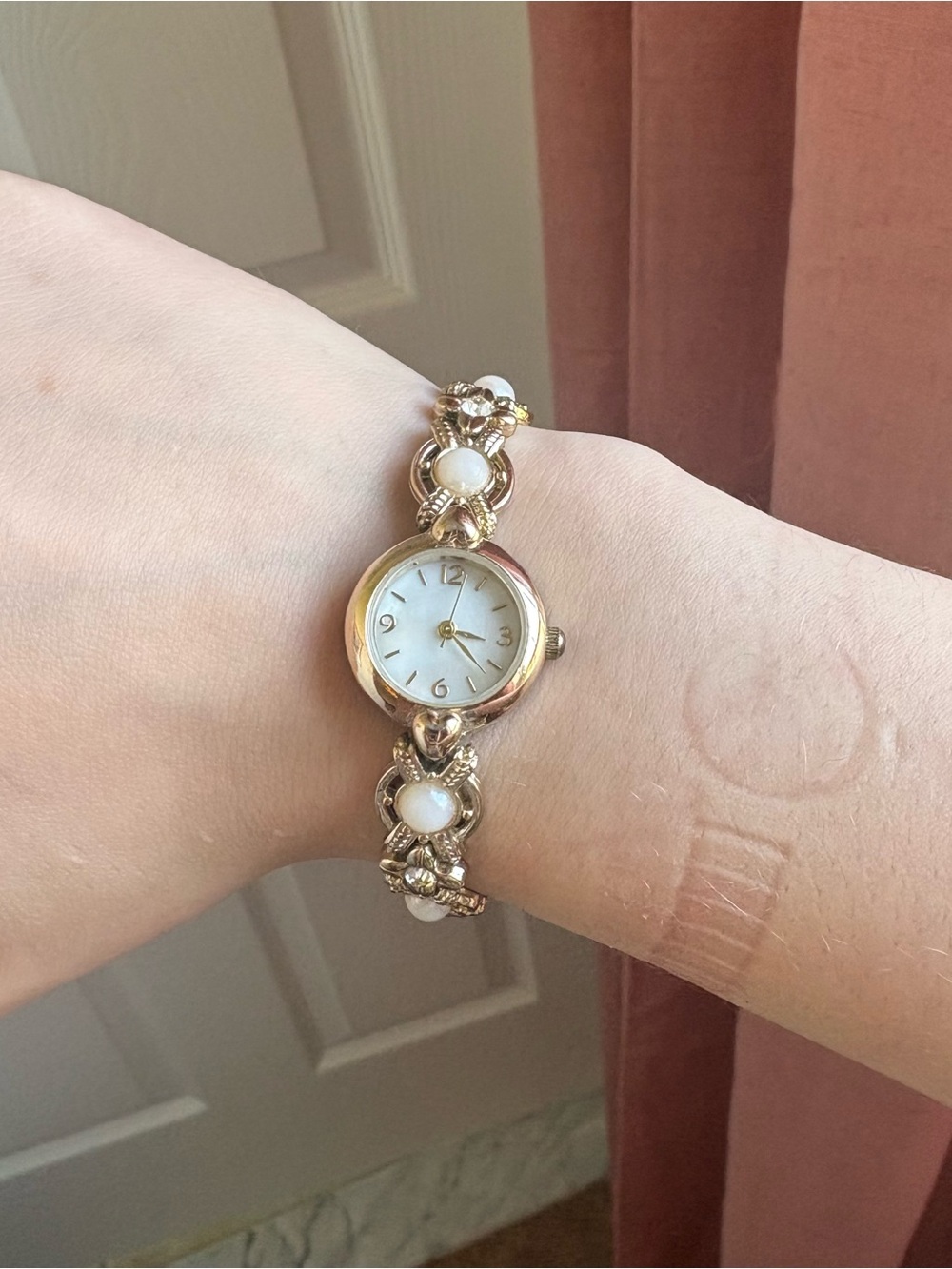 Gold-Tone Pearl Accent Women's Bracelet Watch